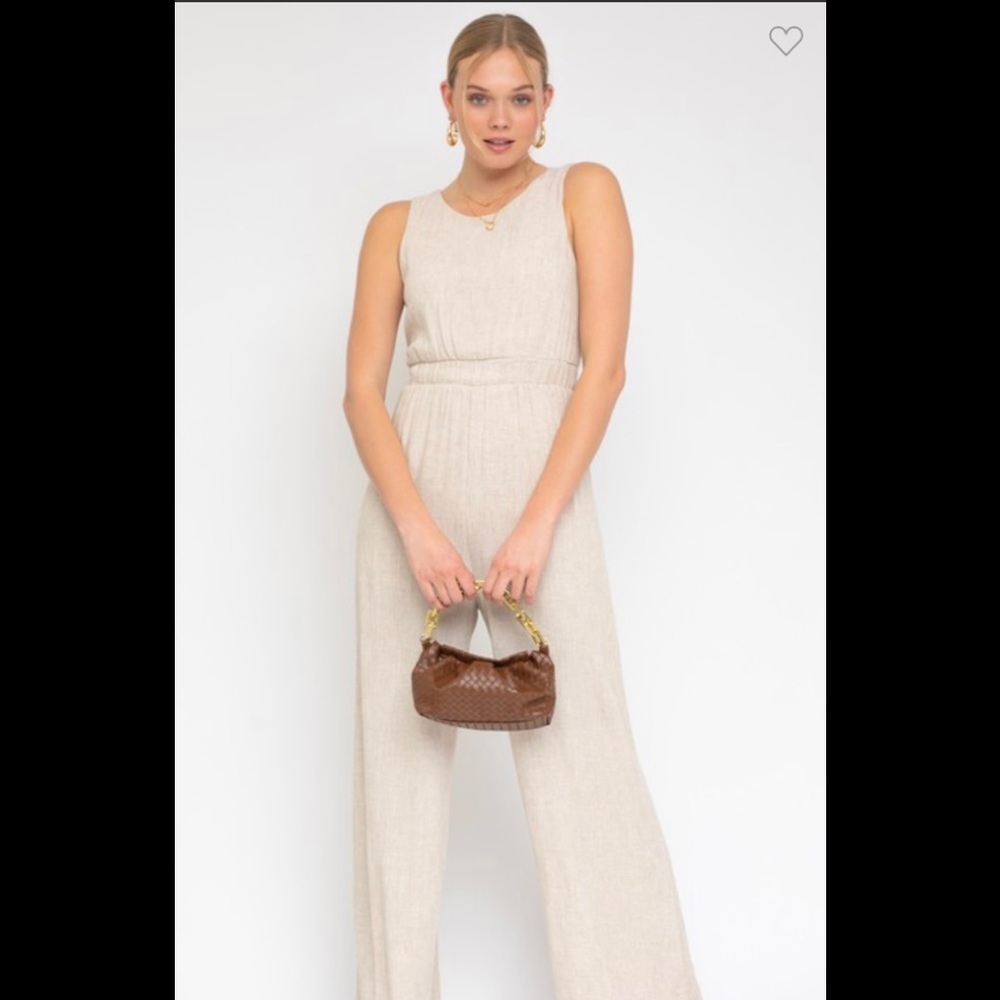 Sleeveless open back ruching tie, elastic waist jumpsuit.